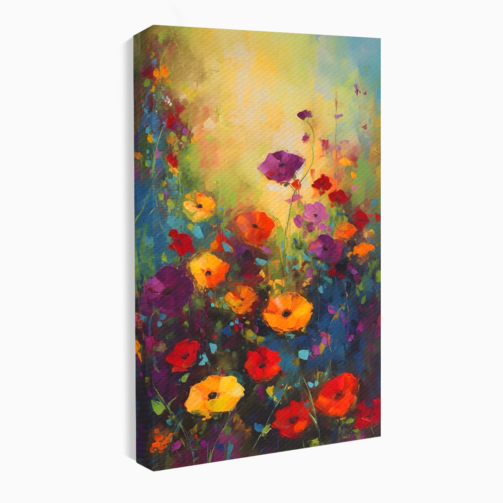 Tablou canvas cu pictura camp cu flori colorate, fara rama, pe sasiu de lemn